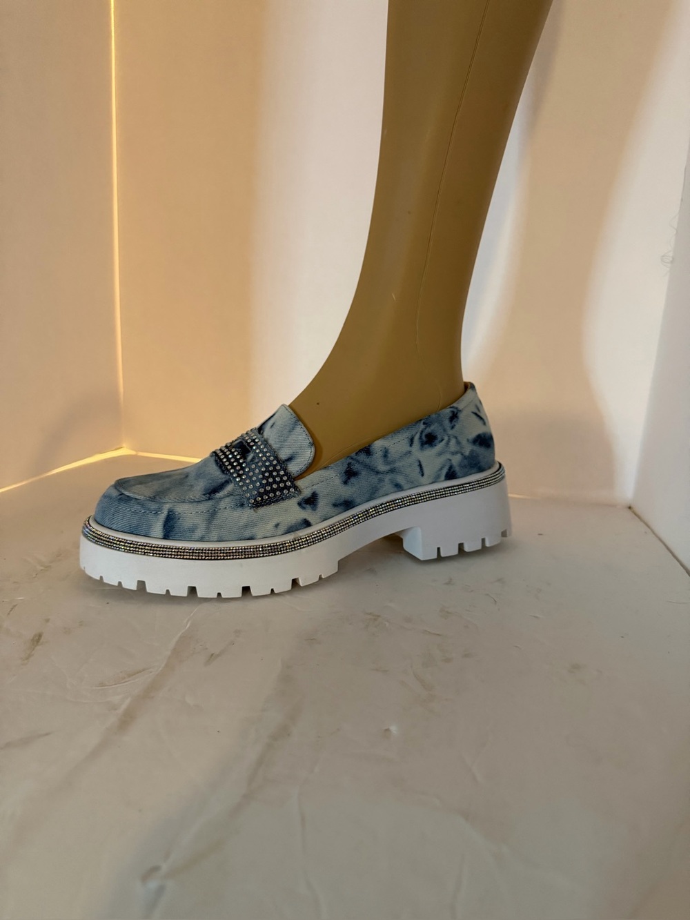 Cape Robbin Bandia Denim Rhinestone Platform Loafers Size 7 Chunky Lug Sole